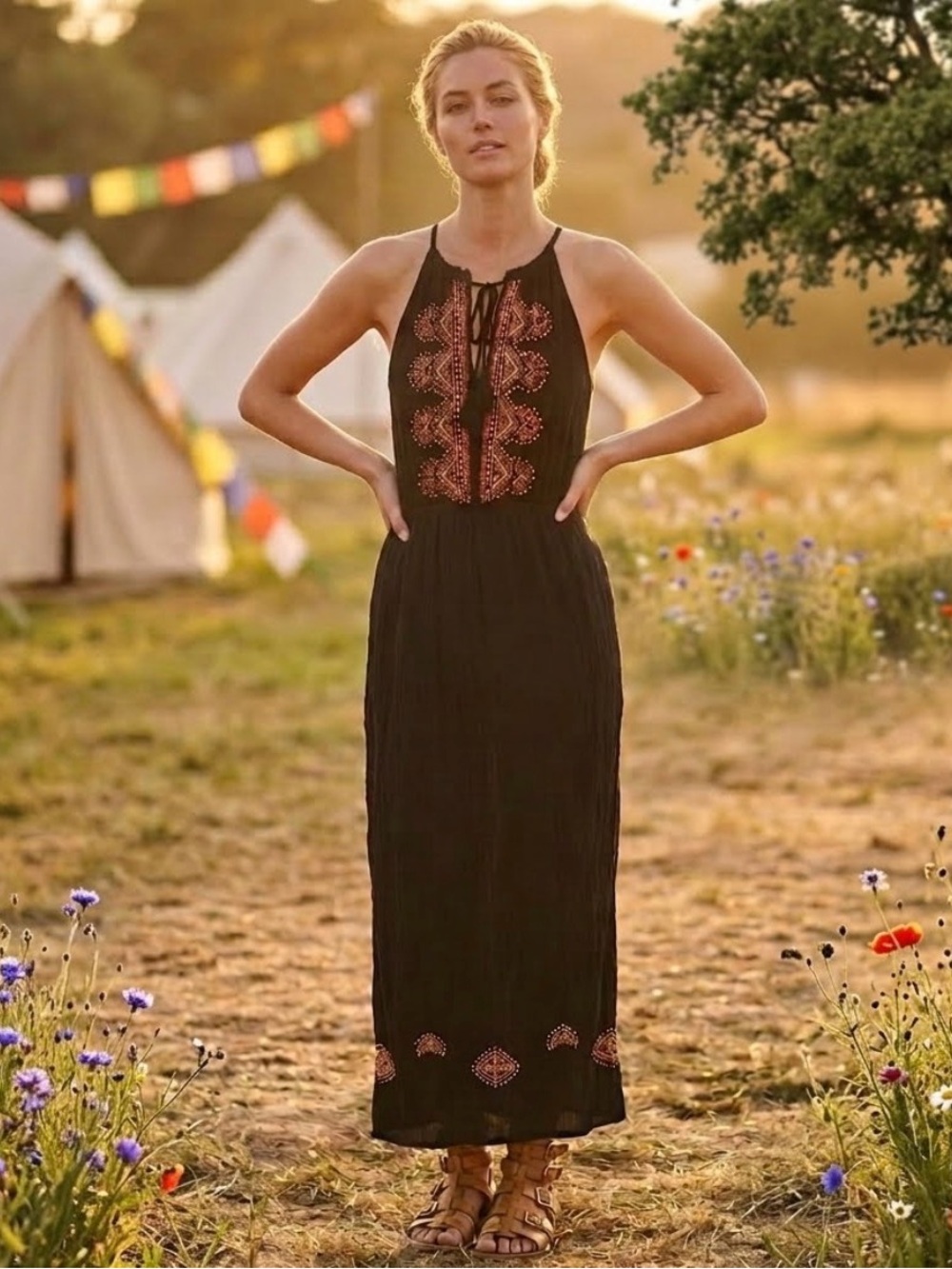 Madewell Dress size Small Embroidered Black Boho Aztec Maxi Dress Halter Top
